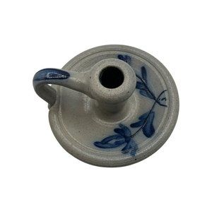 VTG 1990 ROWE POTTERY WORKS HANDMADE SALT GLAZED CANDLESTICK HOLDER BLUE FLORAL